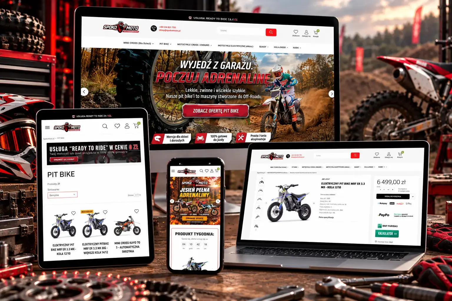 Sklep motocyklowy SpokoMoto na szablonie GEAR Shoper Storefront – widok na różnych urządzeniach