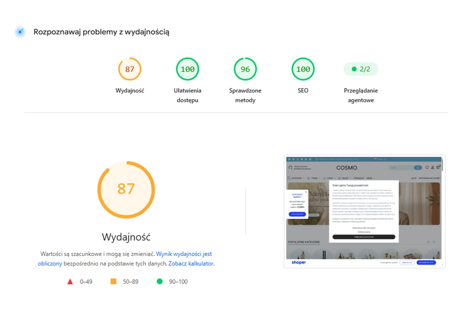 Wynik mobilny Google PageSpeed Insights dla szablonu DOMO Storefront